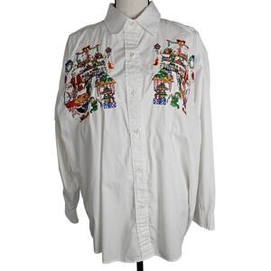 Whimsical Embroidered Santa & Elf Christmas Village Long Sleeve Button-Up Shirt
